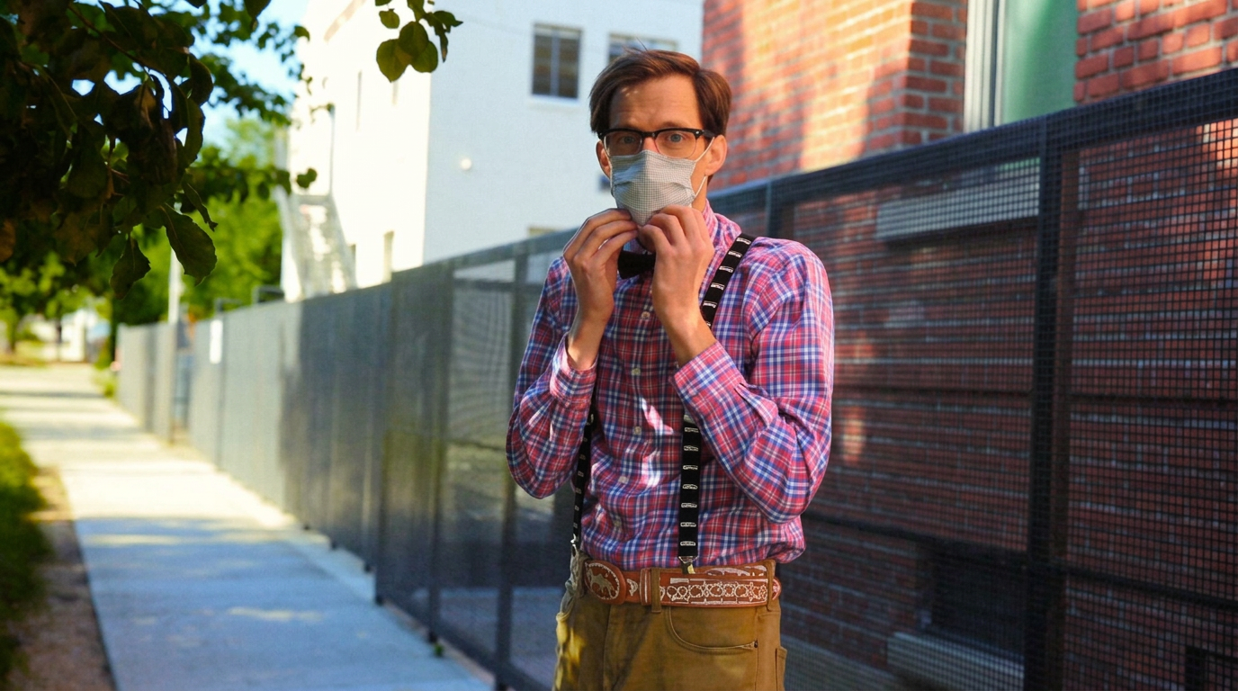 Still from COVID-19 Etiquette: a man in a plaid shirt adjusting his face mask on a sidewalk