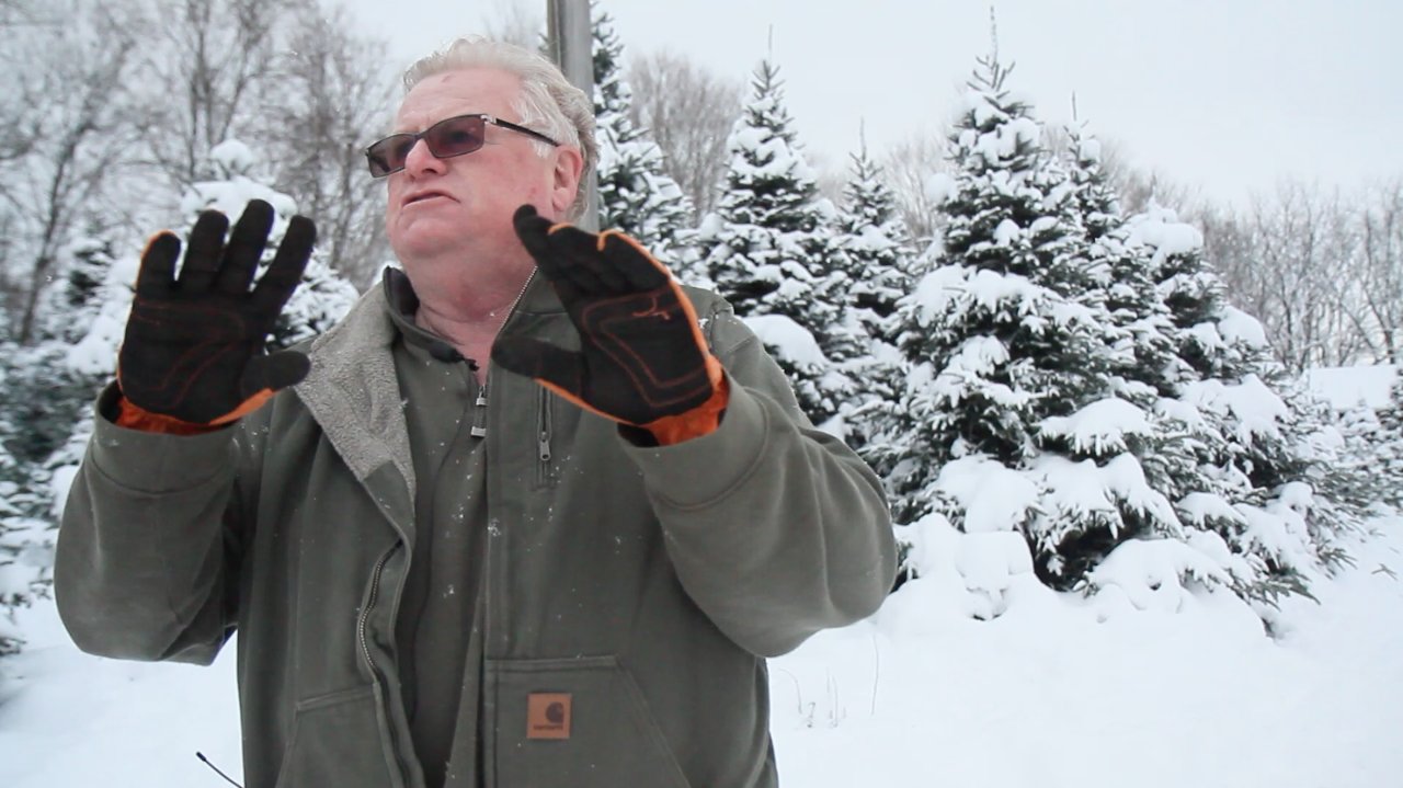 Terry McHugh among snow-covered evergreens on his tree farm, in a still from The Family Tree